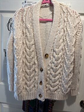 Chunky Cable Knit Cardigan Sweater - Cream Mango XS